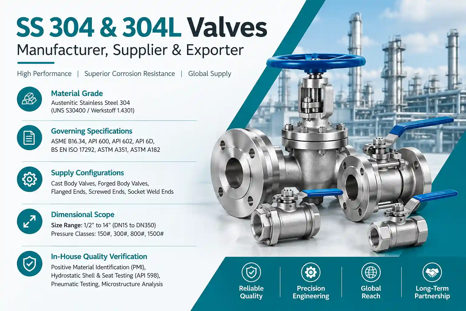 Industrial ASME B16.34 grade SS 304 and 304L stainless steel valves ready for dispatch from stock